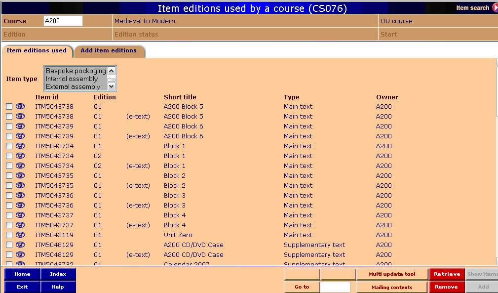 Item editions used screen (CS076) - first tab